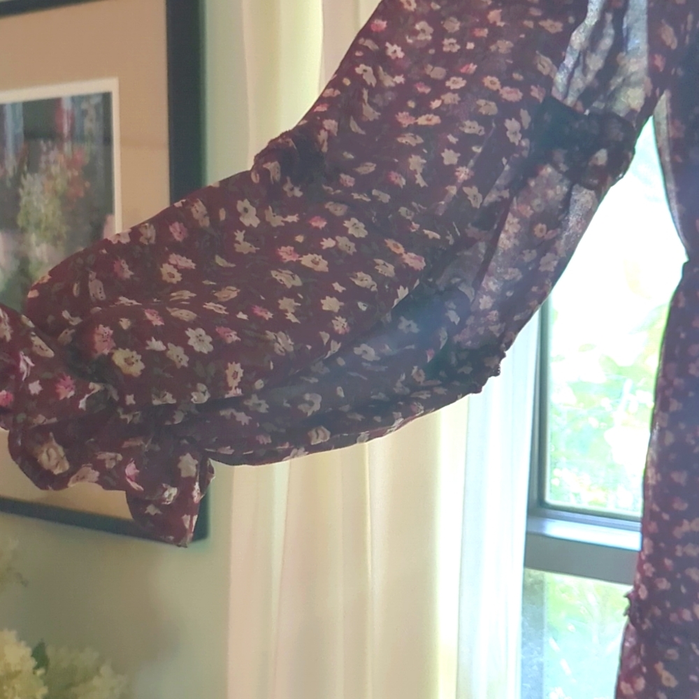 SHE + SKY Red Floral Mini Dress with Sheer Long Sleeves NWOT, Medium - Picture 2 of 4